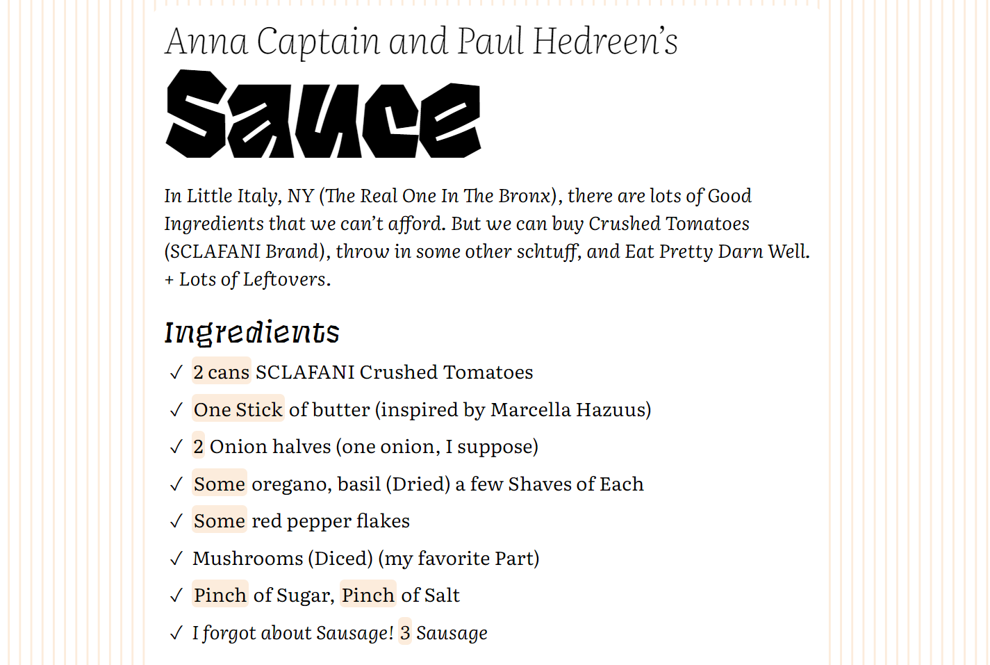 Screenshot of Anna and Paul’s Sauce recipe
