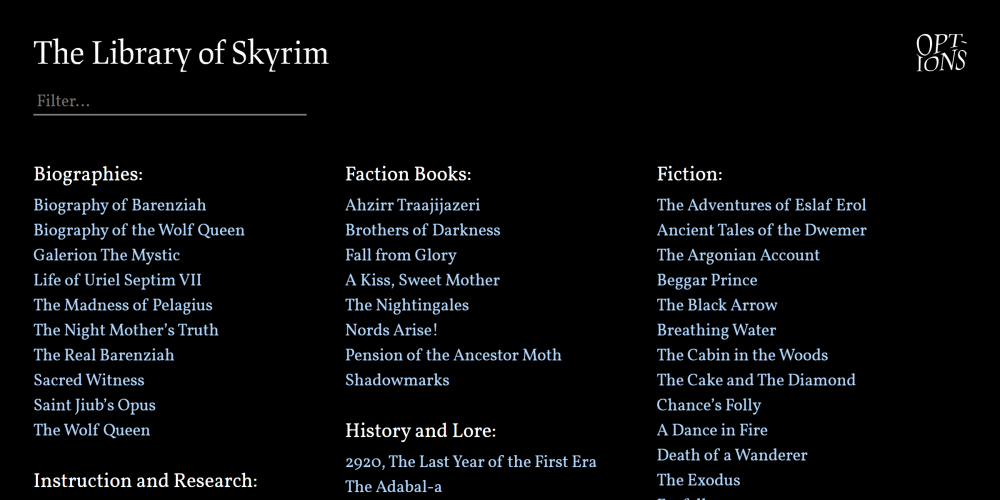 The catalog of the Skyrim Library
